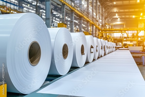 Wallpaper Mural Paper manufacturing plant with huge white rolls on industrial machines, wide view of automated production line, clean and organized workspace Torontodigital.ca