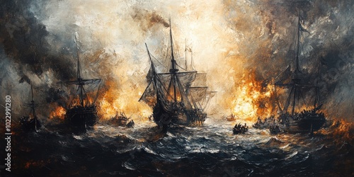 Ships battle on a stormy sea with fire.