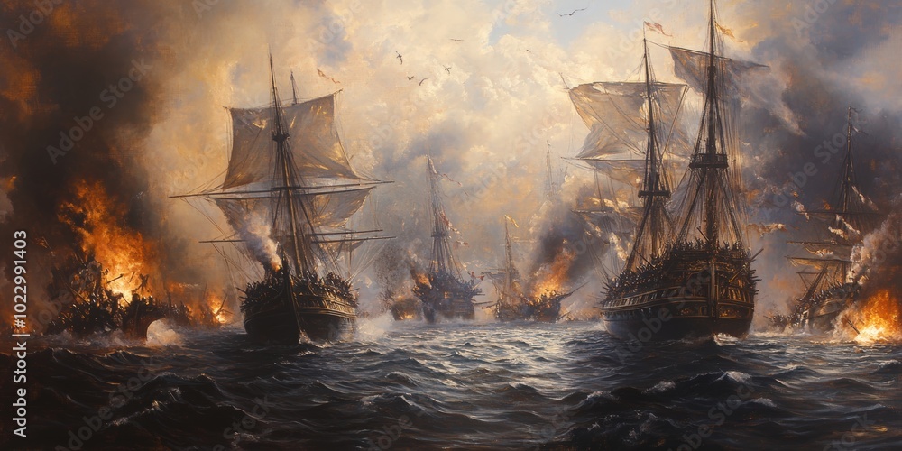 Obraz premium Ships battling in a fiery sea battle.