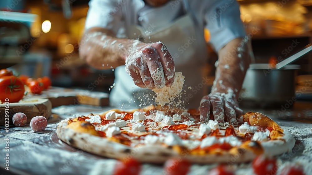 Chef making pizza in the kitchen. Pizza making process. Pizzaiolo making pizza. Traditional Italian food. Pizza with ingredients Chef making pizza in the kitchen. Pizza making process. Pizzaiolo making pizza. Traditional Italian food. Pizza with ingredients