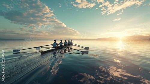 A group of people are rowing a boat on a lake photo