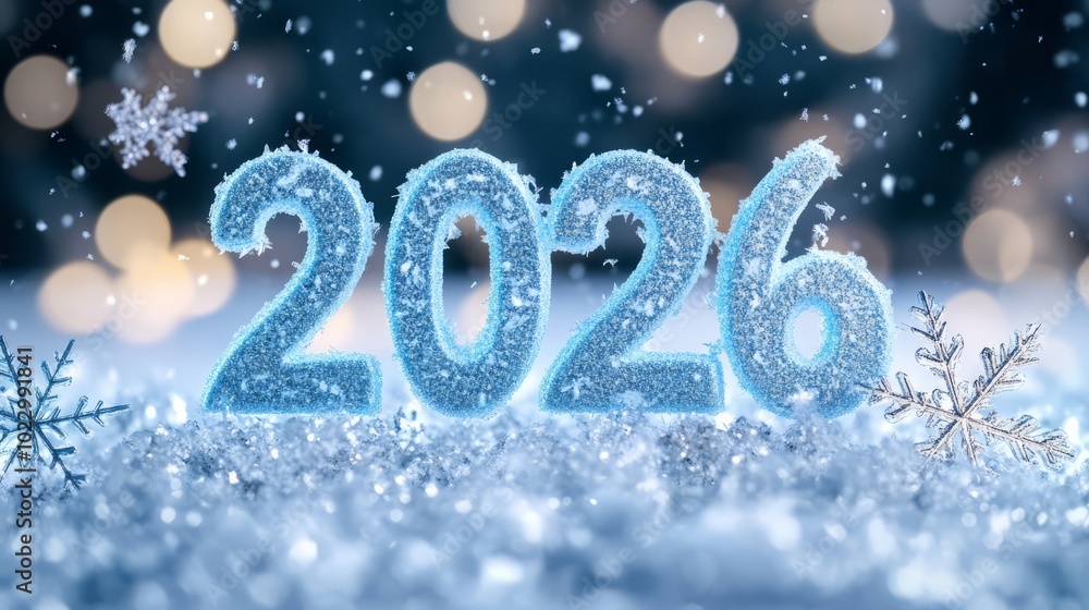 Frozen 2026 New Year: Sparkling winter wonderland scene featuring icy 2026 numerals, snowflakes, and bokeh lights. Perfect for holiday and New Year's greetings. 
