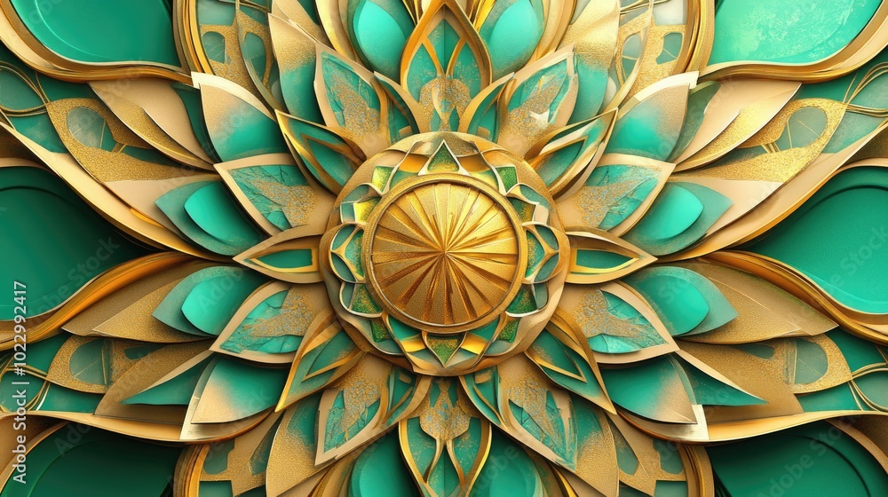 Colorful 3D illustration featuring an abstract geometric mandala design in gold and green suitable for fabric prints upholstery canvases tiles and furniture decoration Colorful 3D illustration featuring an abstract geometric mandala design in gold and green suitable for fabric prints upholstery canvases tiles and furniture decoration