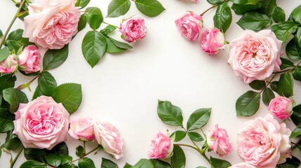 Pink Rose flower with leaves frame white background border