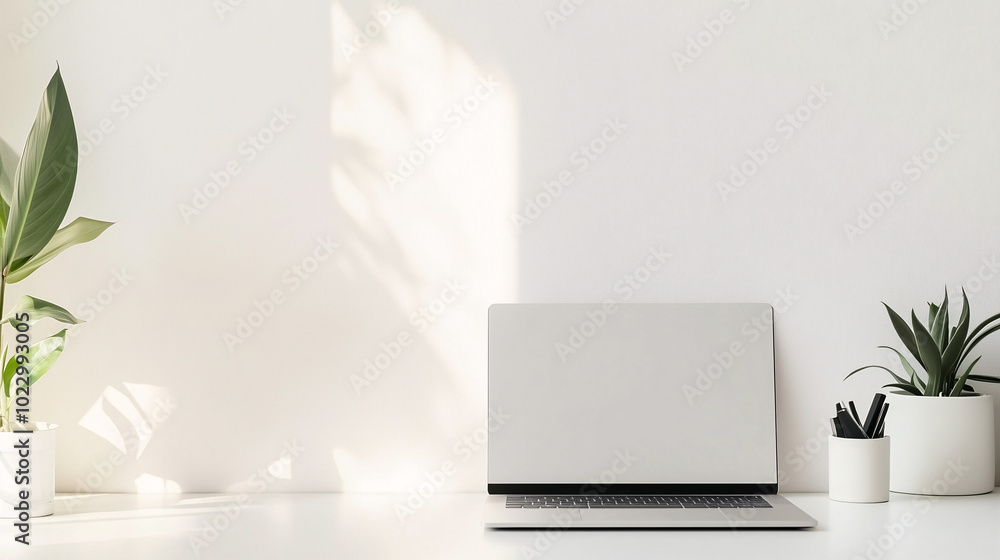 Sleek laptop on an all-white desk with a plain background, no other objects visible. Emphasize the clean lines and empty space Sleek laptop on an all-white desk with a plain background, no other objects visible. Emphasize the clean lines and empty space