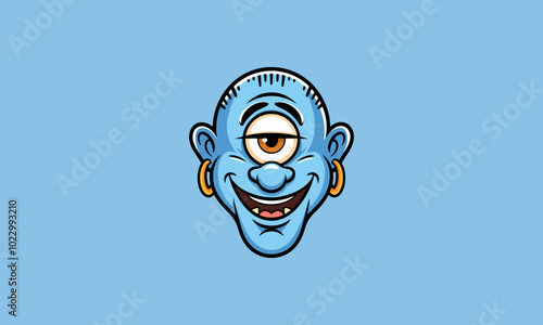 Cartoon cyclops with a wide grin and gold earrings.