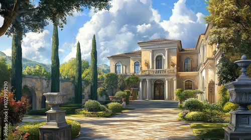 Italian villa garden with stone walkway.