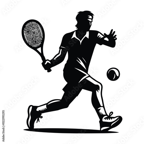 Tennis player silhouette in vector format, offered for $1 credit, showcasing dynamic athleticism