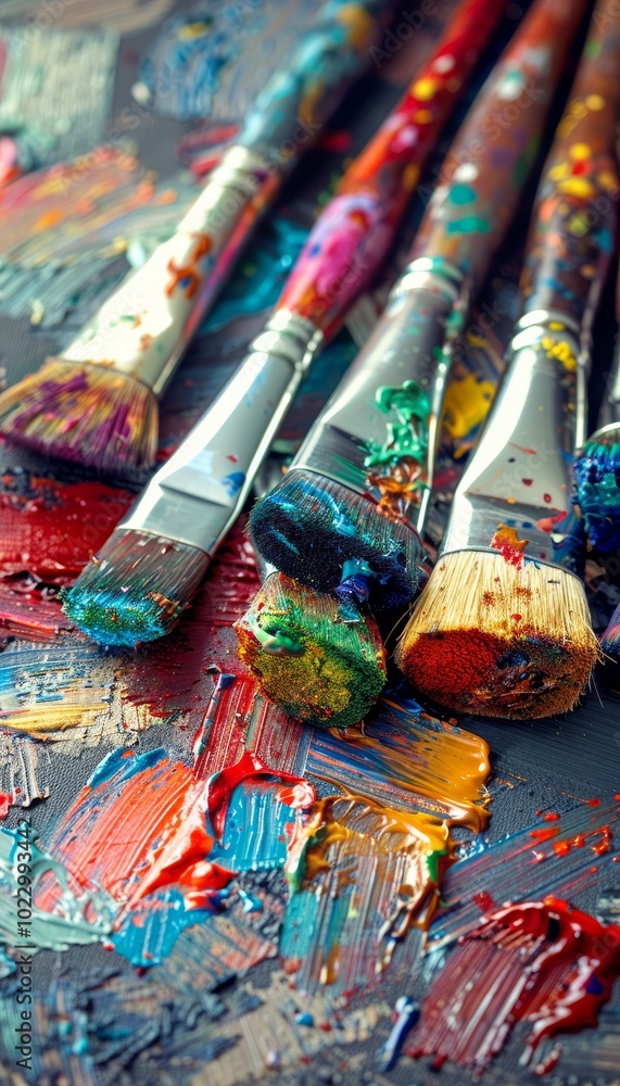 Obraz premium Inspiring artist studio filled with brushes, paints, and unfinished masterpieces awaiting completion