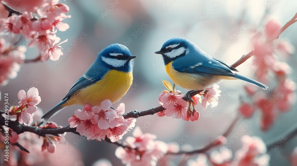 Two blue and yellow birds perched on a branch of a cherry blossom tree. Two blue and yellow birds perched on a branch of a cherry blossom tree.
