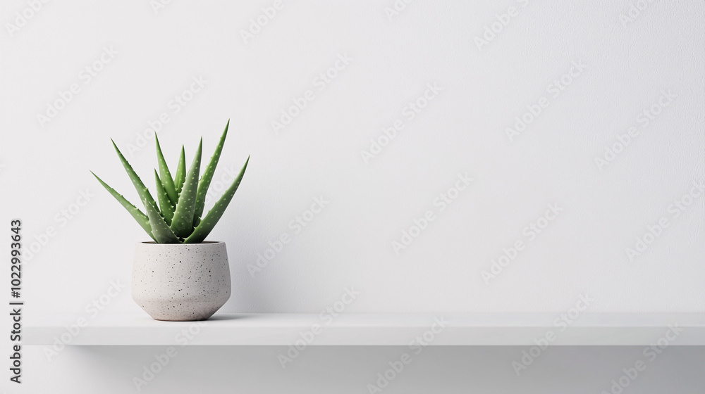Small aloe plant in a simple ceramic pot on a white wall-mounted shelf, with a large amount of negative space above and around the plant Small aloe plant in a simple ceramic pot on a white wall-mounted shelf, with a large amount of negative space above and around the plant