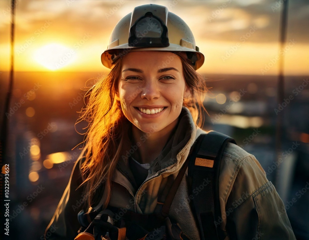 worker working at height smiling big city background and sunset worker working at height smiling big city background and sunset