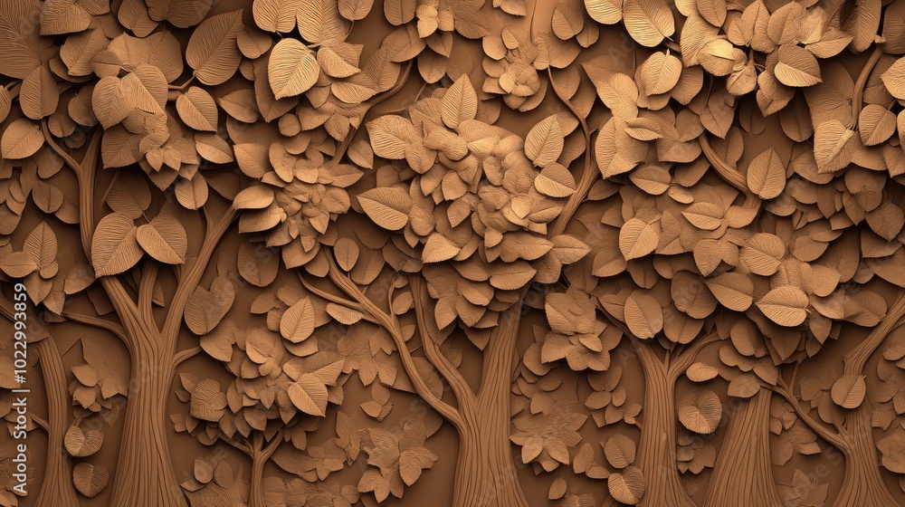 3D illustration of tree and leaf patterns on a brown forest backdrop ideal for garden decor and wall art 3D illustration of tree and leaf patterns on a brown forest backdrop ideal for garden decor and wall art