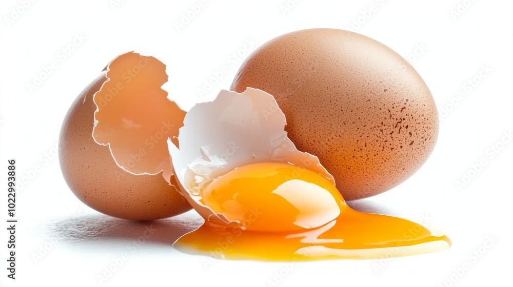 Two brown eggs, one cracked open with yolk spilling out. Two brown eggs, one cracked open with yolk spilling out.