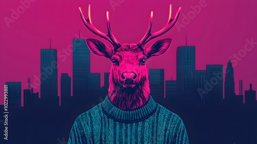 A vibrant neon reindeer in a cozy sweater stands against a pink skyline, embodying urban holiday cheer. Ugly Christmas sweaters Concept