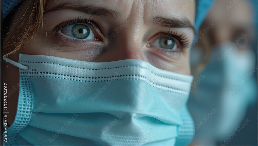 Extreme close-up of a woman wearing a medical face mask for protection against cold, flu, and coronavirus - Mujer doctor con mascarilla protectora en el rostro Extreme close-up of a woman wearing a medical face mask for protection against cold, flu, and coronavirus - Mujer doctor con mascarilla protectora en el rostro