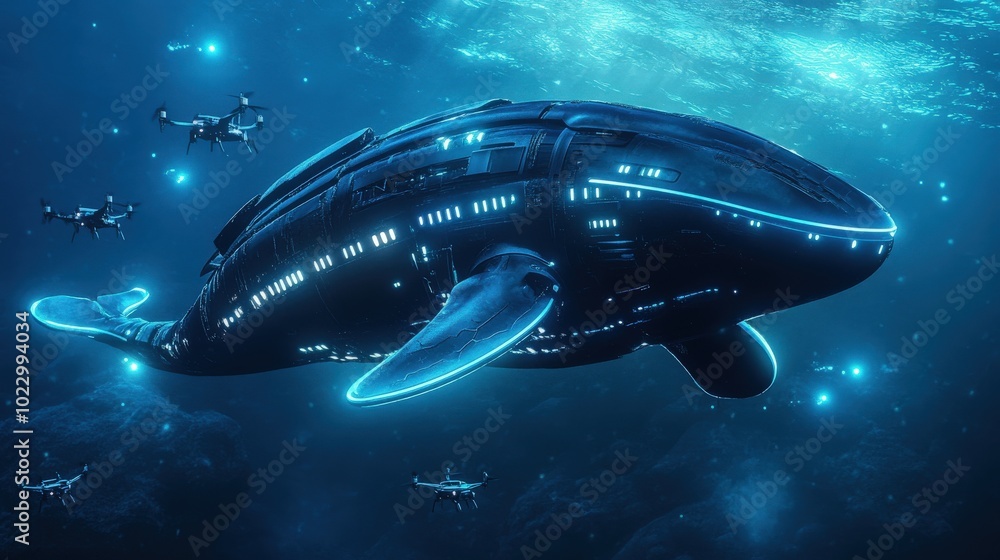 A futuristic robot whale swimming through the ocean, with lights along its side illuminating the deep blue water A futuristic robot whale swimming through the ocean, with lights along its side illuminating the deep blue water