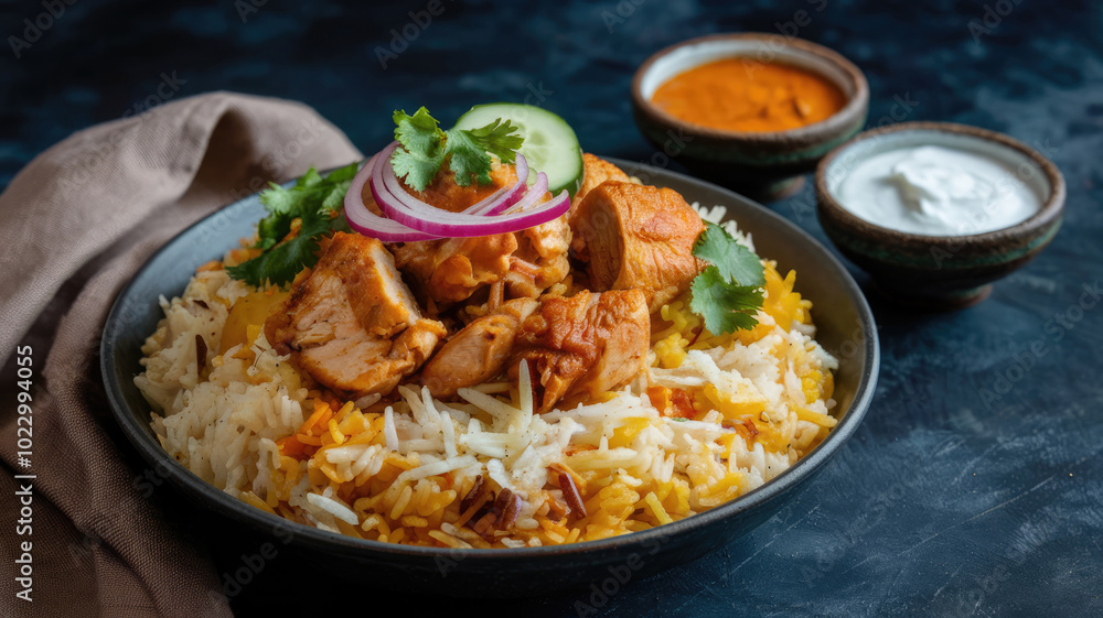 A bowl of chicken biryani. rice and meat with a side of sauce. The sauce is in a bowl on the right A bowl of chicken biryani. rice and meat with a side of sauce. The sauce is in a bowl on the right