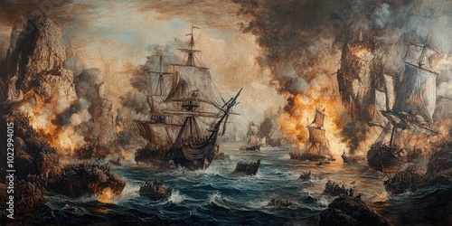 A sea battle with ships and explosions.