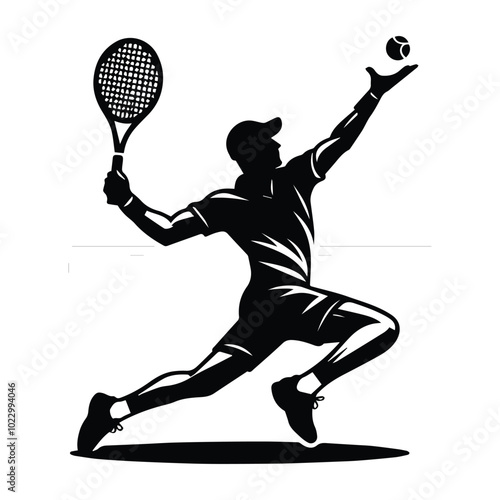 Tennis player silhouette in vector format, offered for $1 credit, showcasing dynamic athleticism