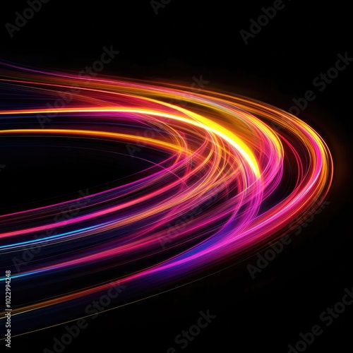 Colorful light trails on black background, vibrant neon streaks in motion, futuristic abstract design