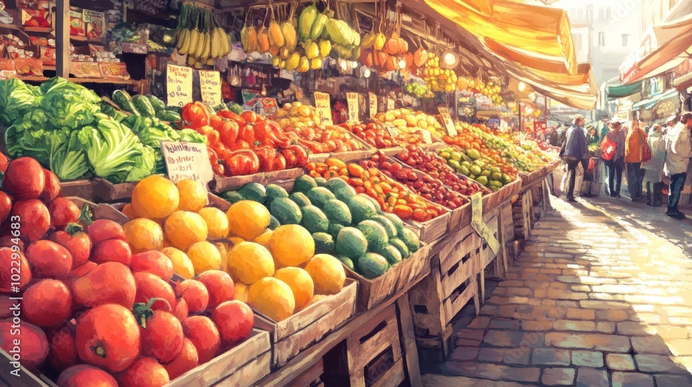 A vibrant market scene filled with fresh fruits and vegetables, bustling with shoppers. A vibrant market scene filled with fresh fruits and vegetables, bustling with shoppers.