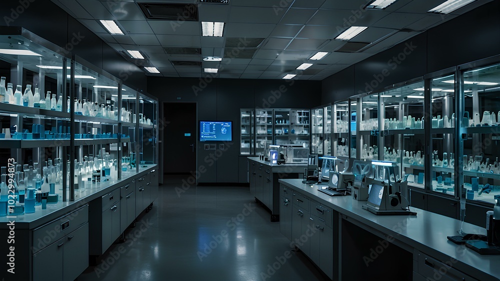 Modern Laboratory with Blue Light and High-Tech Equipment for Scientific Research Modern Laboratory with Blue Light and High-Tech Equipment for Scientific Research
