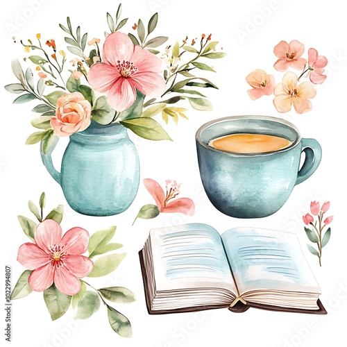 Watercolor Illustration of Flowers, a Book, a Cup of Tea, and a Vase.