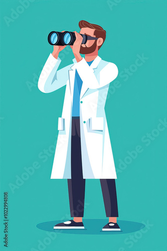 Male doctor looks through a binoculars on a search. Searching, finding, web surfing, looking for opportunities concept. Colored flat vector illustration