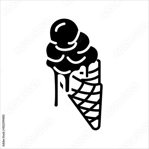Ice cream icon, black silhouette on white. One ice ball in a waffle cone, segmented shape in stencil style. Vector elements for minimalist summer designs and prints, street food illustrations or logos