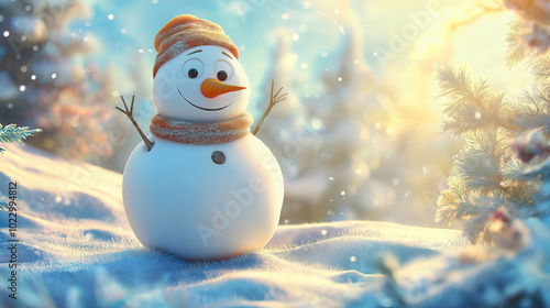 happy snowman in winter scenery