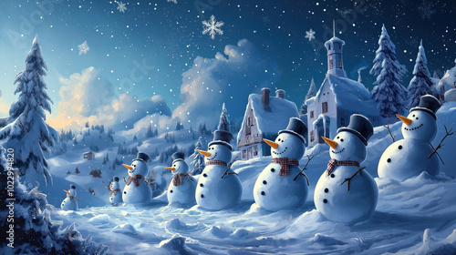 Many snowmen standing in winter Christmas landscape