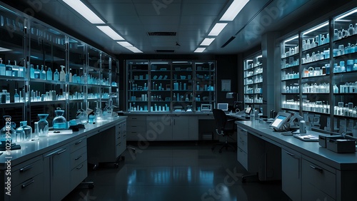 Modern Laboratory with Blue Light and High-Tech Equipment for Scientific Research photo