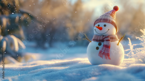 happy snowman in winter scenery