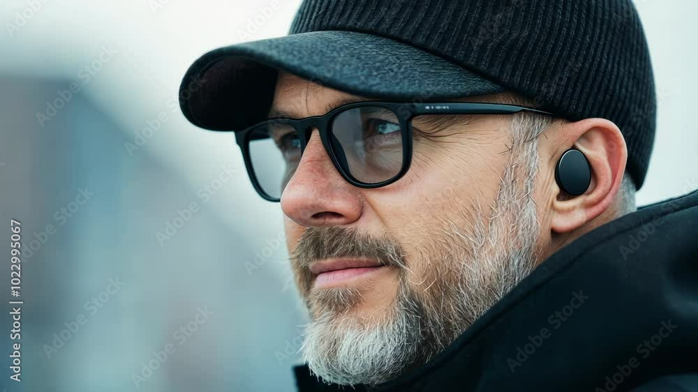 Close-up portrait of a man wearing glasses and wireless earbuds, dressed in a stylish black hat and coat. Capturing modern fashion, technology, and urban lifestyle in a contemporary setting Close-up portrait of a man wearing glasses and wireless earbuds, dressed in a stylish black hat and coat. Capturing modern fashion, technology, and urban lifestyle in a contemporary setting