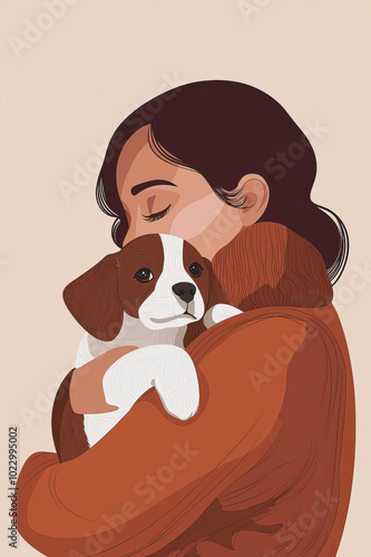 The girl is holding a puppy in her arms. Friendship of a woman and a dog. Adorable pet. Animal protection. Youth fashion. A dog with its owner. To love animals. Print for poster, postcard, clothing.
