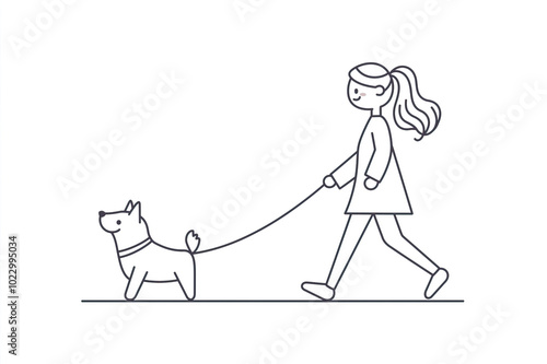 Vector simple illustration in line style, girl walking with a dog on a lead, friendly mascot and character