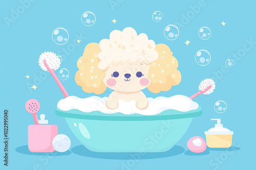 Cute little poodle taking a bath in a plastic bowl with soap foam, bubbles and grooming tools, such as hair dryer, scissors, shampoo, brushes, combs. Hand drawn doodle pet grooming salon illustration