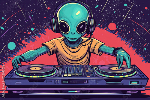 Y2k futuristic alien DJ playing vinyl music at party contemporary pop art icon vector flat illustration