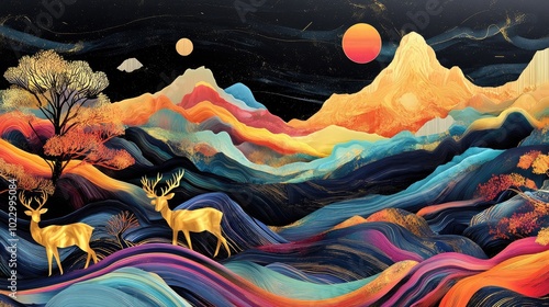 Fototapeta Naklejka Na Ścianę i Meble -  3D modern art mural depicting a vibrant landscape on a black marbled background featuring colorful mountains golden deer trees and decorative lines