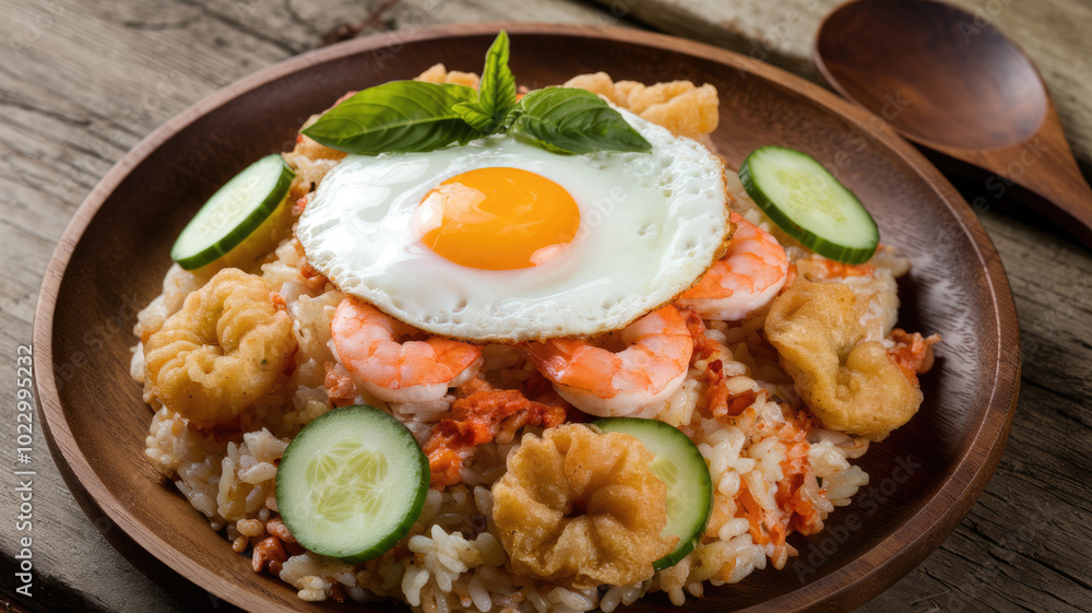 A plate of food with a fried egg on top. The plate is topped with shrimp, cucumber, and rice A plate of food with a fried egg on top. The plate is topped with shrimp, cucumber, and rice