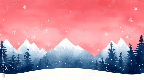 A picturesque winter landscape featuring snow-covered mountains and evergreen trees under a pink sky. Snowflakes fall gracefully, creating a serene atmosphere. Ugly Christmas sweaters Concept