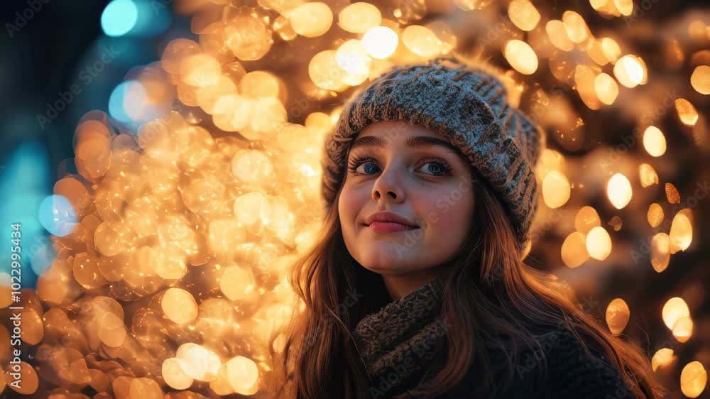 A woman wearing a hat and scarf stands in front of a Christmas tree. She has a smile on her face. A woman wearing a hat and scarf stands in front of a Christmas tree. She has a smile on her face.