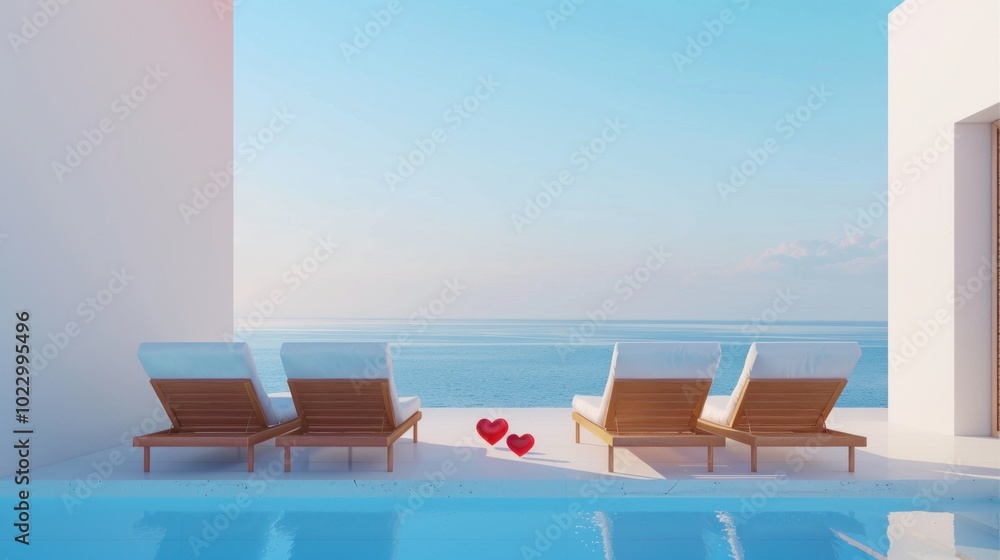 Two Loungers by the Pool Overlooking the Ocean