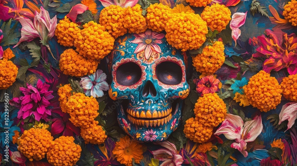 Vibrant sugar skull surrounded by colorful flowers, symbolizing Dia de los Muertos celebration with bright colors and intricate designs. Vibrant sugar skull surrounded by colorful flowers, symbolizing Dia de los Muertos celebration with bright colors and intricate designs.