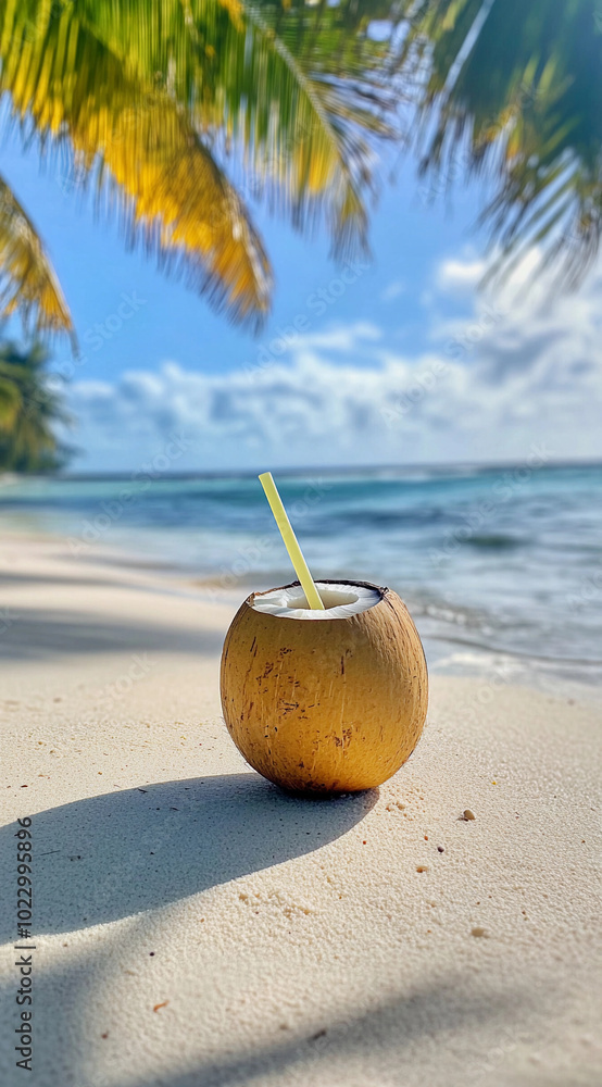 A coconut on a beach with a straw in it. The coconut is sitting on the sand and the straw is sticking out of it. The scene is peaceful and relaxing, with the ocean in the background A coconut on a beach with a straw in it. The coconut is sitting on the sand and the straw is sticking out of it. The scene is peaceful and relaxing, with the ocean in the background