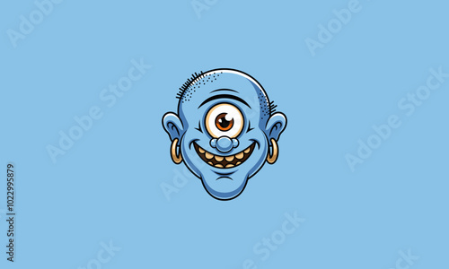 Cartoon cyclops with a wide grin and gold earrings.