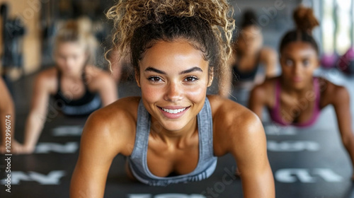 A woman is smiling while doing a yoga pose on a mat. She is surrounded by other women who are also doing yoga poses