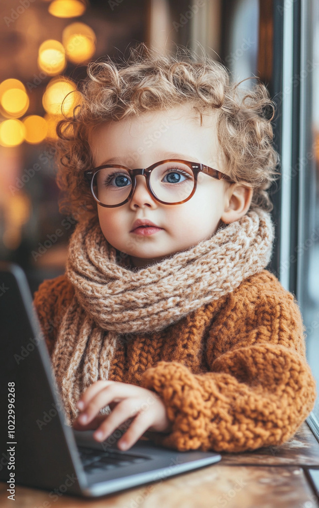 A young child wearing glasses and a scarf is sitting in front of a laptop. The child appears to be focused on the laptop screen, possibly working or learning something new A young child wearing glasses and a scarf is sitting in front of a laptop. The child appears to be focused on the laptop screen, possibly working or learning something new