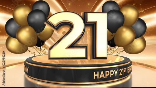 21 year, 21st birthday loop, looped video background, backdrop in 3D Gold with balloons
